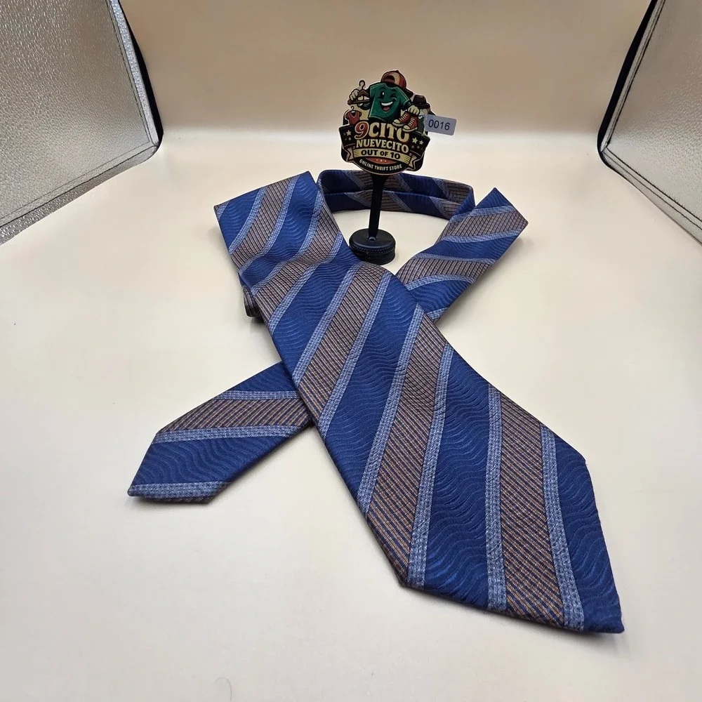 Stefano Ricci Mens Silk Tie Blue Grey Bronze Striped Wavy Jacquard Made in Italy